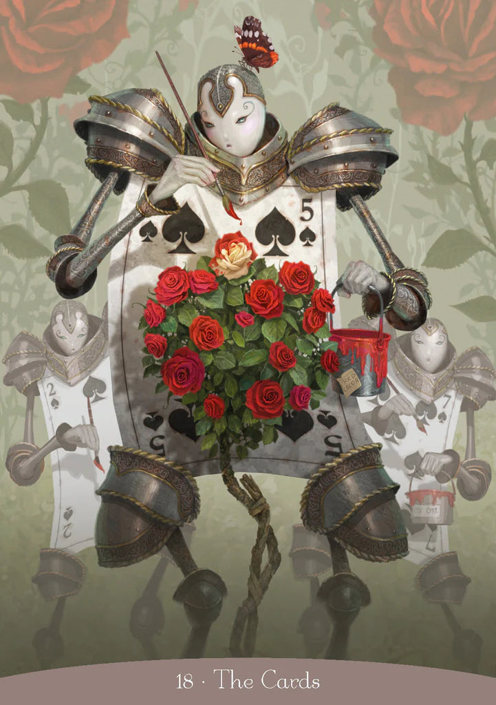 Decorative card with suit symbols, roses, and a butterfly on a floral background