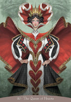 Illustration of the Queen of Hearts with red and gold attire on a textured green background.