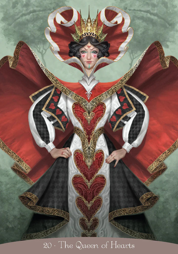 Illustration of the Queen of Hearts with red and gold attire on a textured green background.