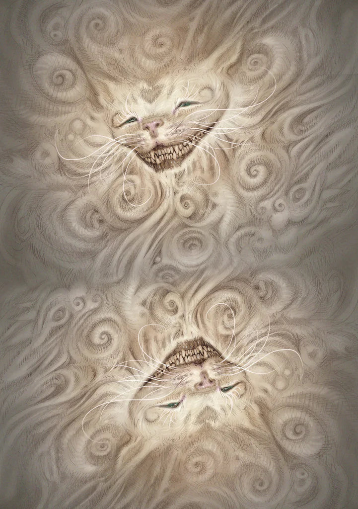 Artistic depiction of two cats with swirling patterns in the background