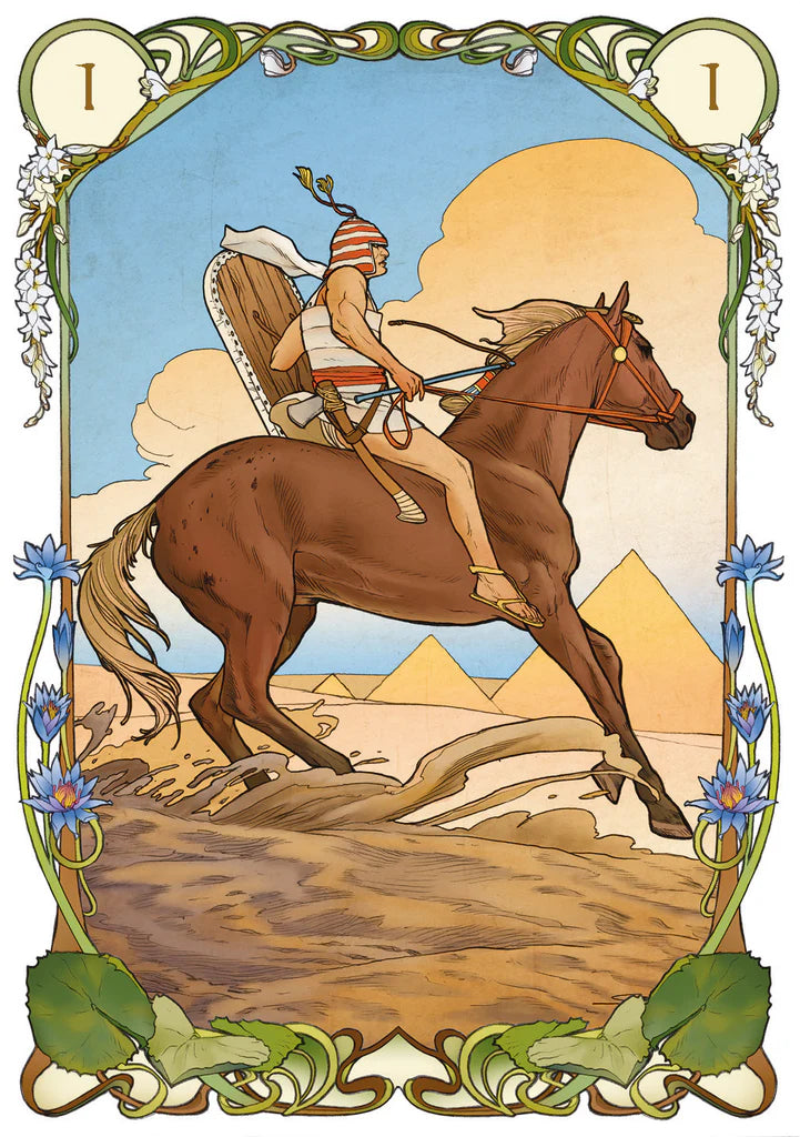 Artistic depiction of a Native American on horseback with pyramids in the background, framed with decorative elements.