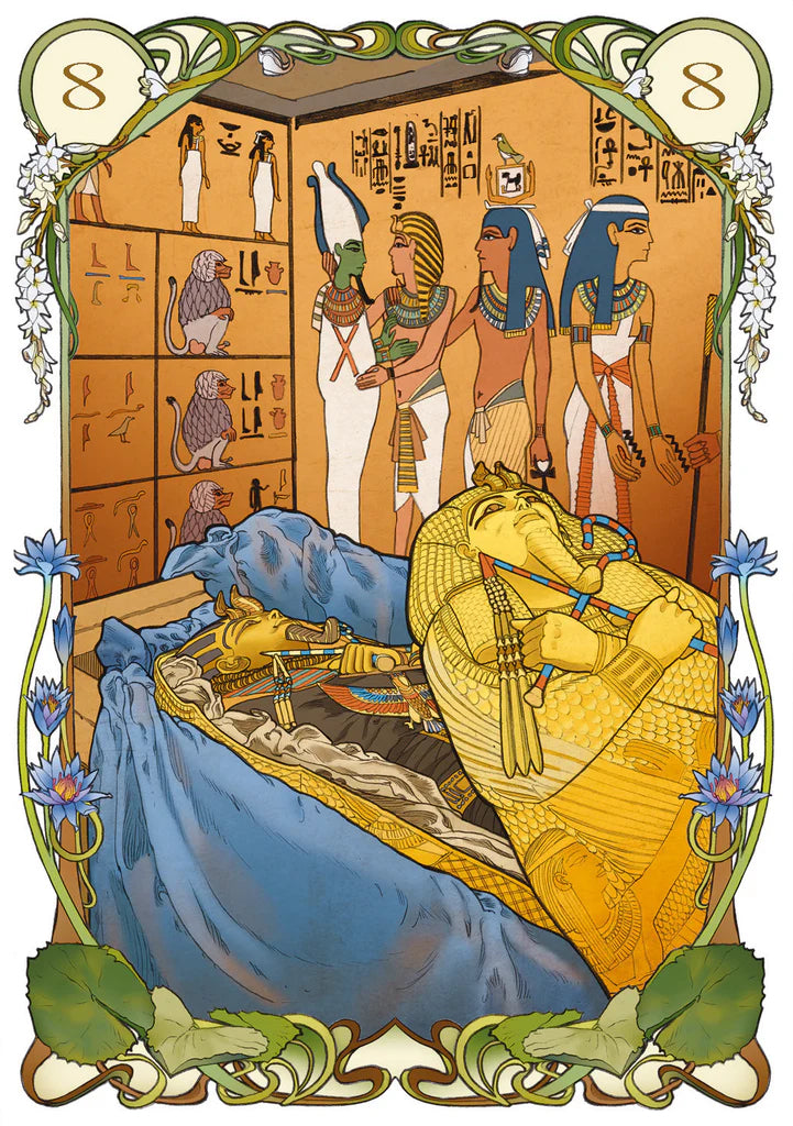 Decorative illustration of an Egyptian scene with hieroglyphs, statues, and a mummy in a coffin.