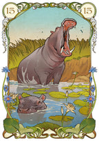 Illustration of a hippopotamus in a natural setting with decorative elements.
