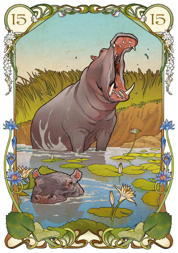 Illustration of a hippopotamus in a natural setting with decorative elements.