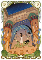 Decorative illustration with Egyptian-themed design, featuring figures and architectural elements.