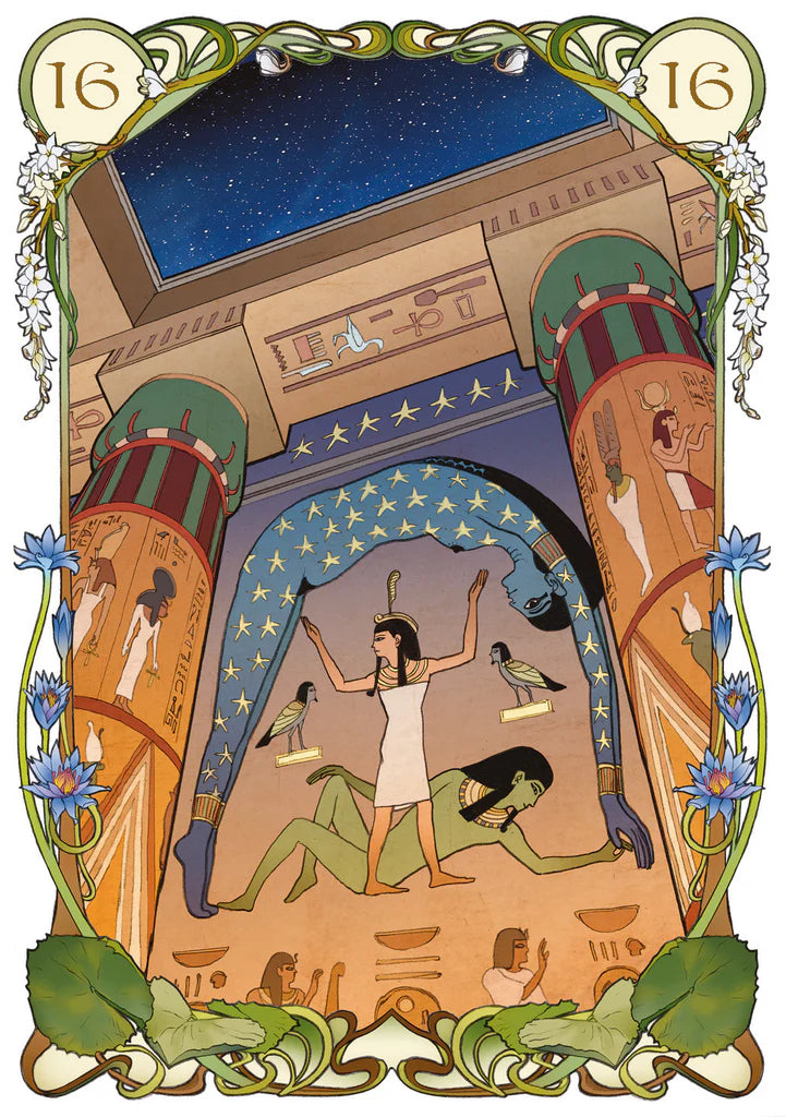Decorative illustration with Egyptian-themed design, featuring figures and architectural elements.