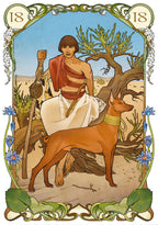 Artistic depiction of a person with a dog in a desert setting, framed with decorative elements.