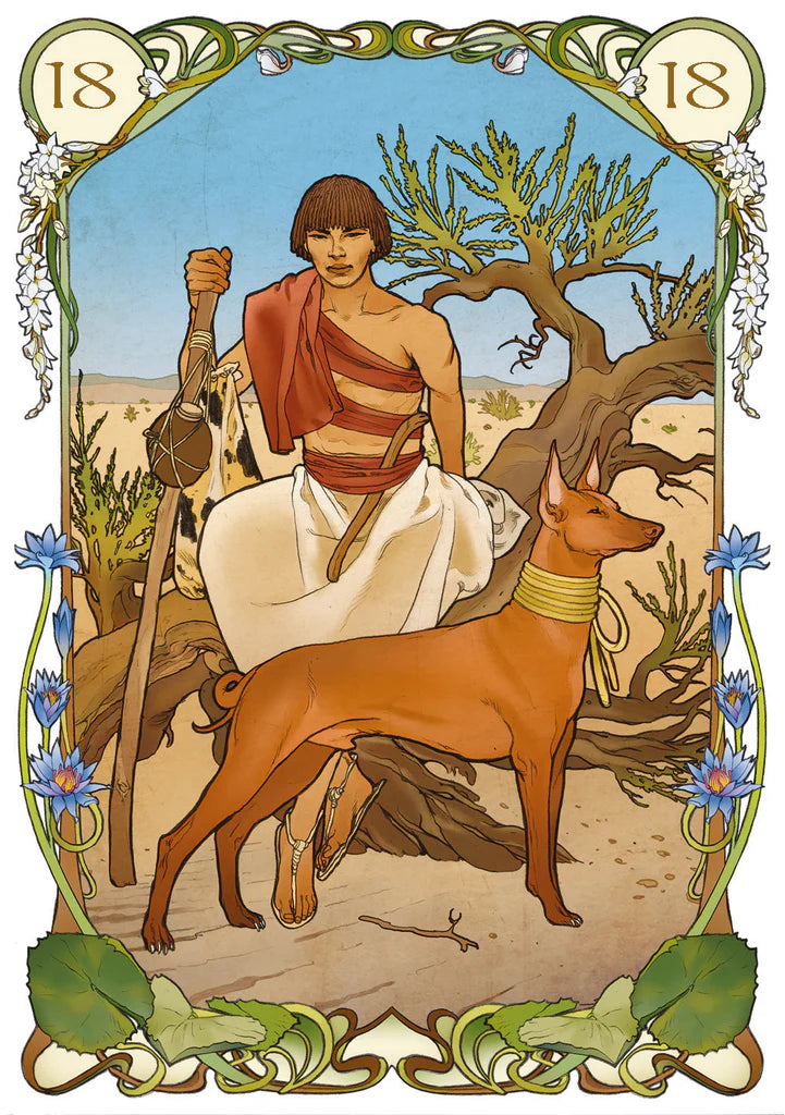 Artistic depiction of a person with a dog in a desert setting, framed with decorative elements.