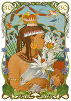 Artistic depiction of a woman with floral and bird elements, inspired by ancient Egyptian art.