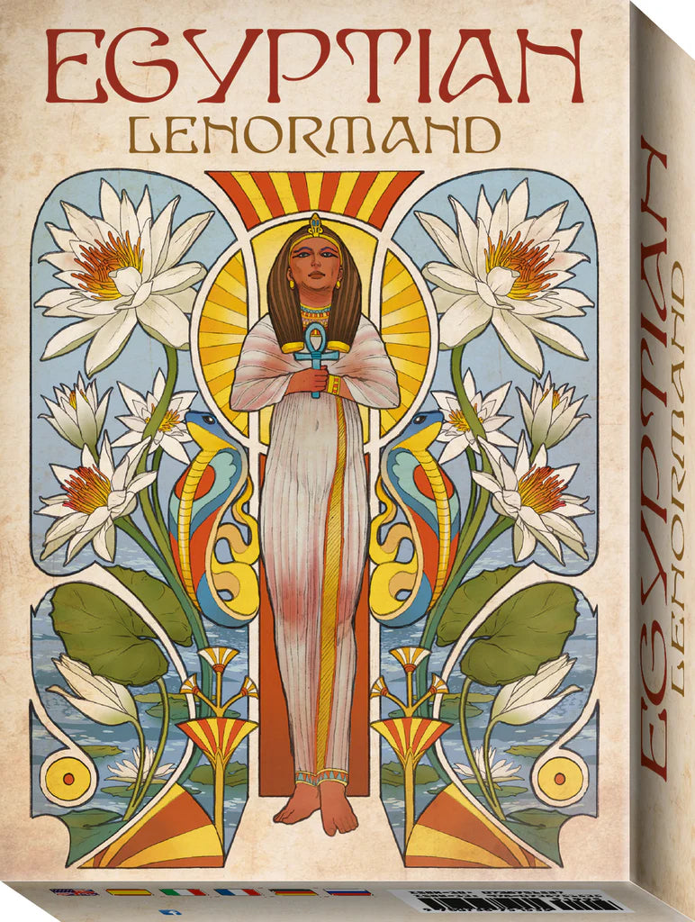 Card game box for 'Egyptian Lenormand' with a central figure and lotus flowers.