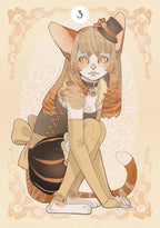 Illustration of a cat-like character with fox ears and a bow, standing on a decorative background.