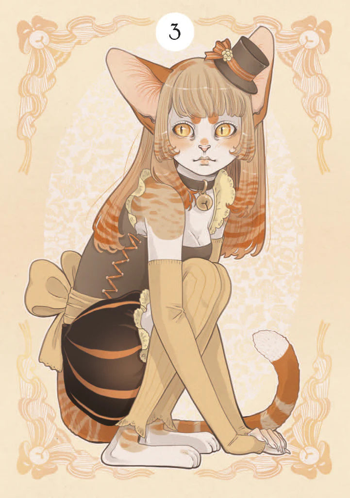 Illustration of a cat-like character with fox ears and a bow, standing on a decorative background.