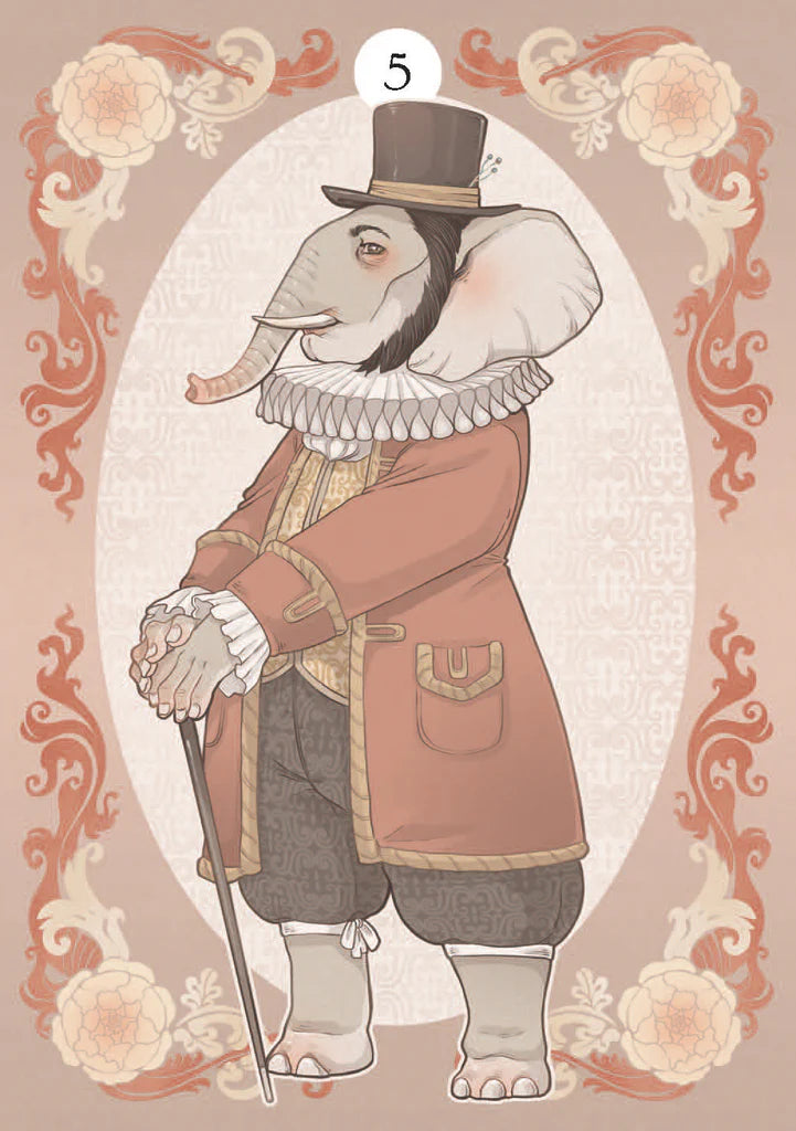Illustration of an elephant in a top hat and coat with decorative floral border