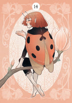 Illustration of a character with ladybug wings on a floral background