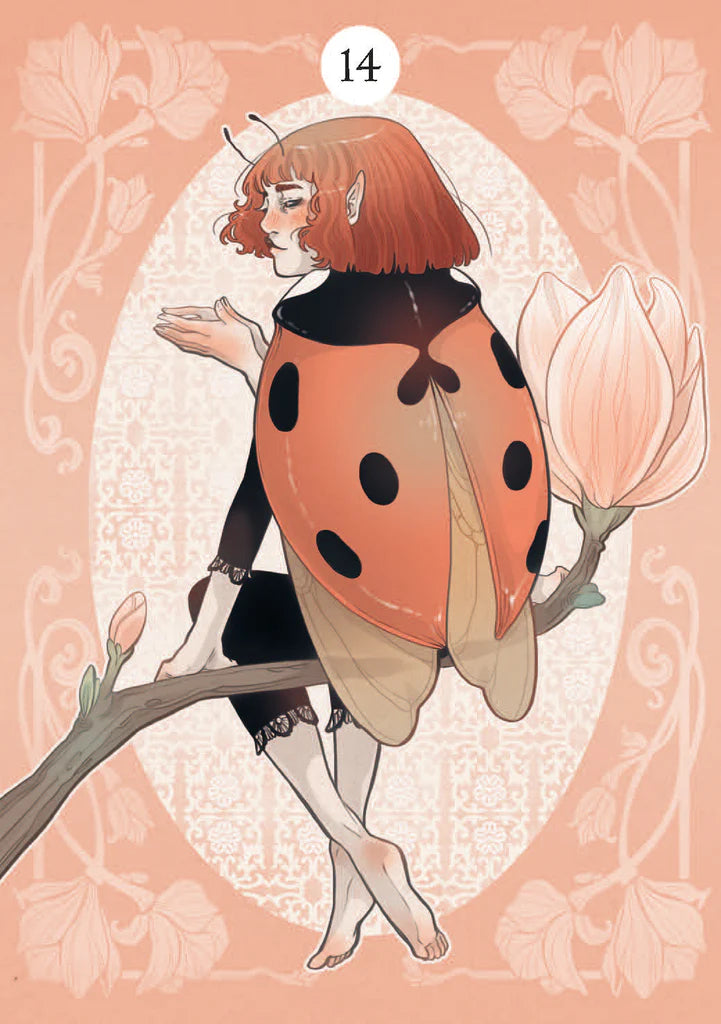 Illustration of a character with ladybug wings on a floral background
