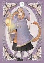 Illustration of a character in a purple hooded cloak with a lantern, surrounded by butterflies on a purple background.