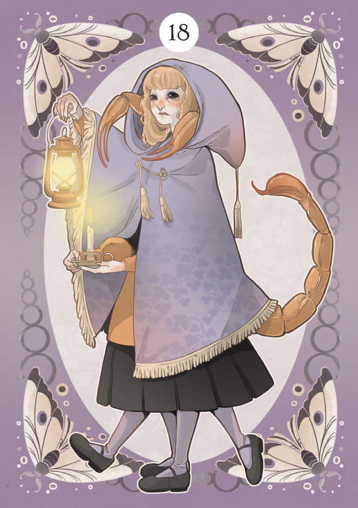 Illustration of a character in a purple hooded cloak with a lantern, surrounded by butterflies on a purple background.