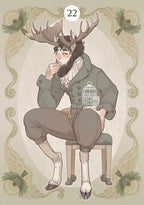 Illustration of a person with deer-like features holding a birdcage, surrounded by decorative elements.