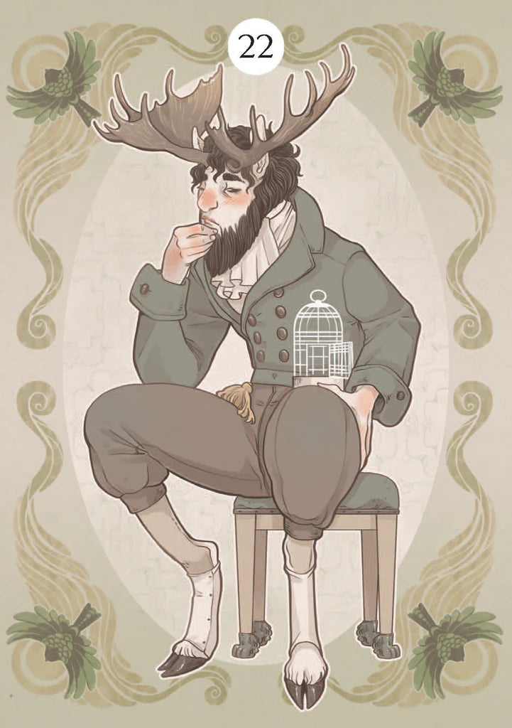 Illustration of a person with deer-like features holding a birdcage, surrounded by decorative elements.