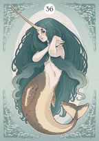 Illustration of a mermaid with a unicorn horn on a light blue background