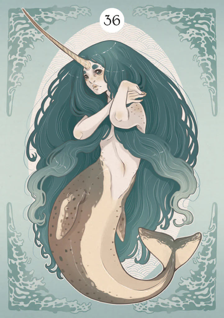 Illustration of a mermaid with a unicorn horn on a light blue background