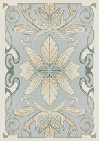 Decorative pattern with leaves and swirls on a light blue background