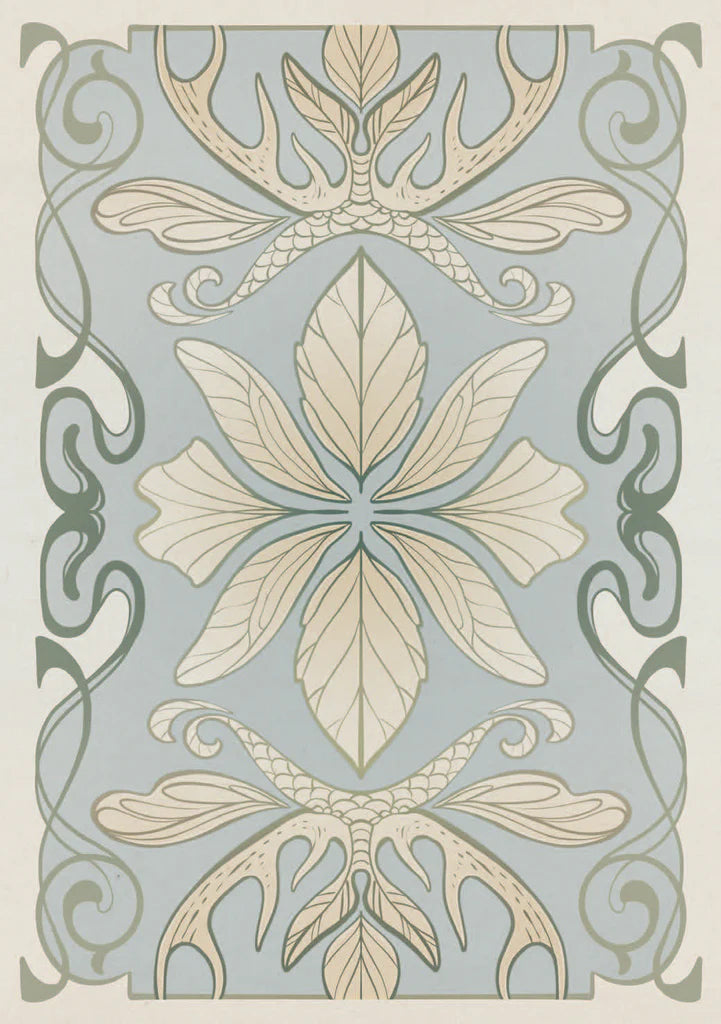 Decorative pattern with leaves and swirls on a light blue background
