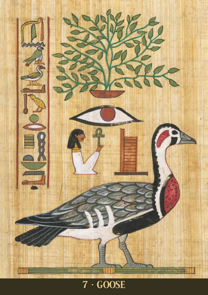 Decorative design of a goose with Egyptian hieroglyphics and symbols on a beige background