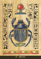Decorative design of a beetle with hieroglyphics on a textured background
