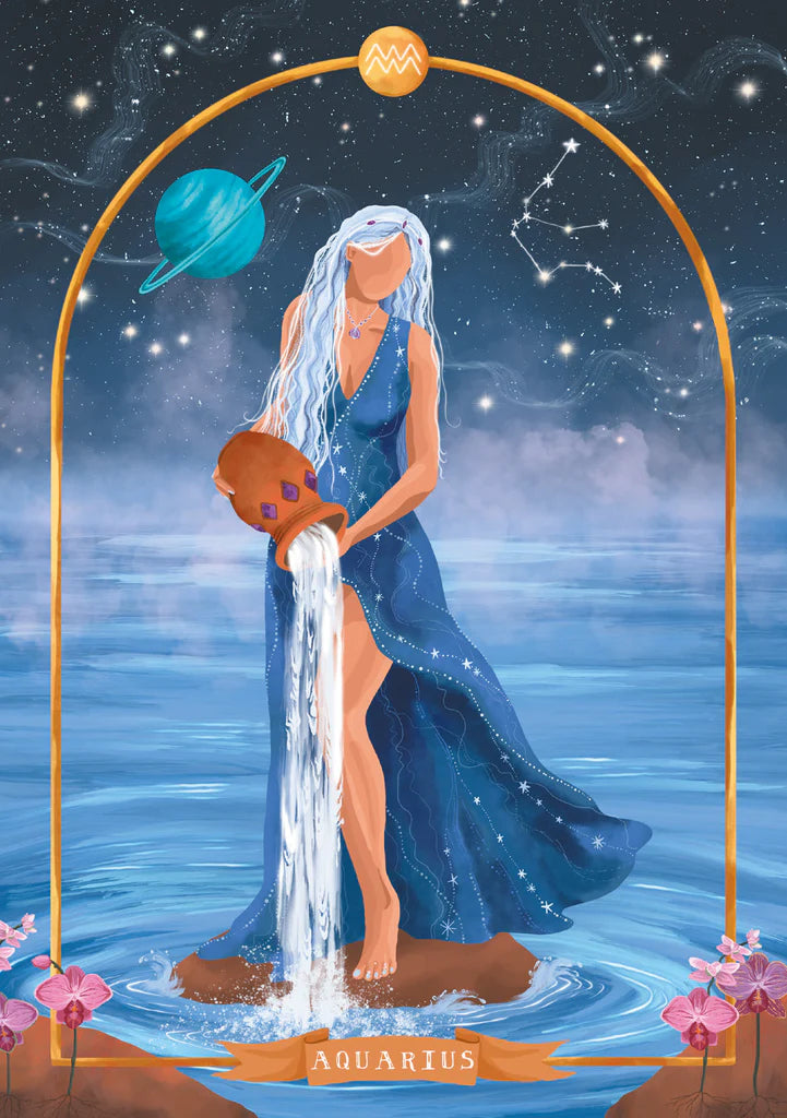 Aquarius zodiac sign illustration with a woman in a blue dress pouring water, set against a starry sky.