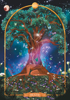 Tarot card featuring a tree with a mystical design, surrounded by butterflies and flowers, on a dark background.