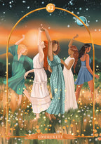 Illustration of four women in dresses standing under a tarot card arch with 'Community' at the bottom.