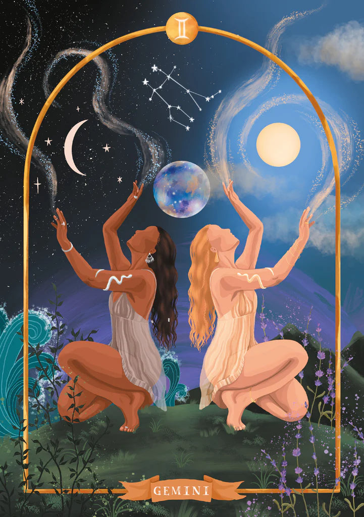 Two women kneeling under a celestial arch with constellations and a moon, labeled 'Gemini'.