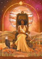 Woman in a throne with Jupiter in the background, surrounded by nature elements.