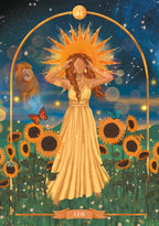 Illustration of a woman in a gold dress with sunflowers and butterflies, featuring the Leo zodiac sign.