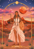 Figure in a desert landscape with celestial elements and 'Mars' label