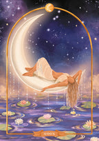 Illustration of a woman lying on a crescent moon over a starry night sky with water lilies.