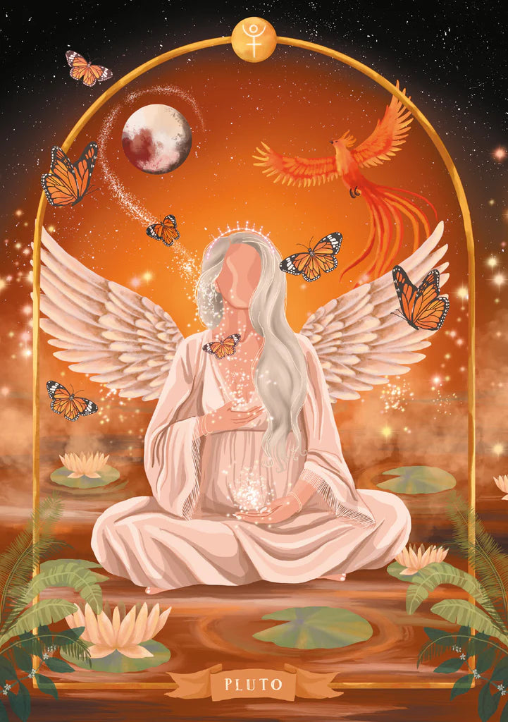 Illustration of an angel with wings and butterflies against a celestial background, featuring the planet Pluto.
