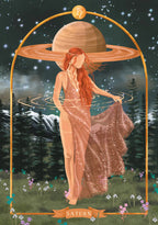 Illustration of a woman in a flowing dress with Saturn in the background