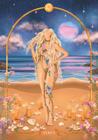 Artistic depiction of Venus with floral body against a celestial background