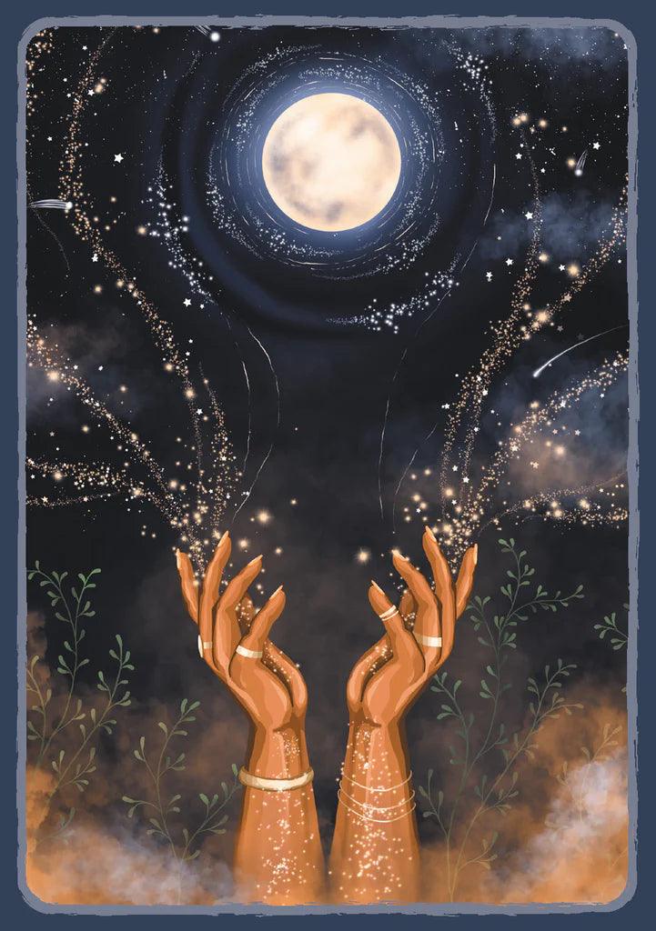 Illustration of hands reaching towards a moonlit night sky with stars and plants.