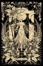 Artistic illustration of a woman with floral and celestial elements on a black background