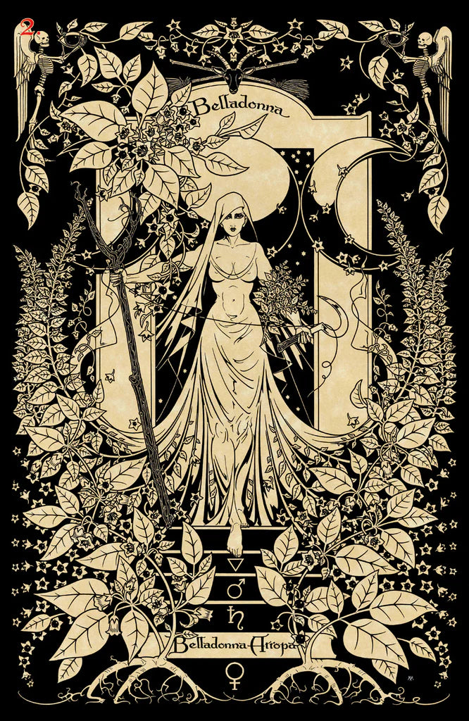 Artistic illustration of a woman with floral and celestial elements on a black background