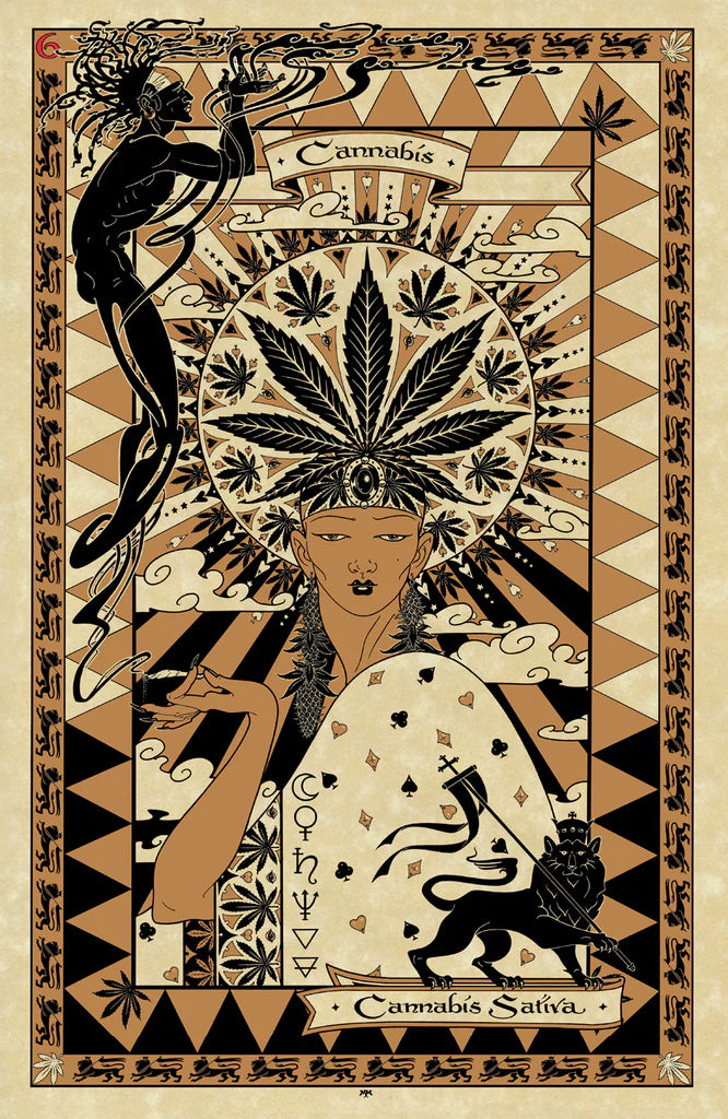 Decorative poster with cannabis leaf design and geometric patterns