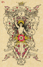 Vintage-style illustration with a central figure surrounded by astrological symbols and floral elements on a beige background.