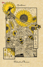 Illustration of sunflowers and bees with decorative text on a beige background