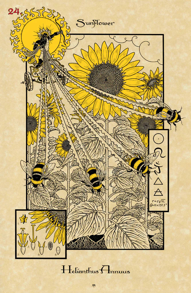 Illustration of sunflowers and bees with decorative text on a beige background