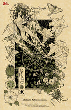 Artistic illustration of a woman intertwined with plants and symbols on a textured background
