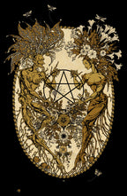 Decorative design with two figures, a pentagram, and floral elements on a black background.