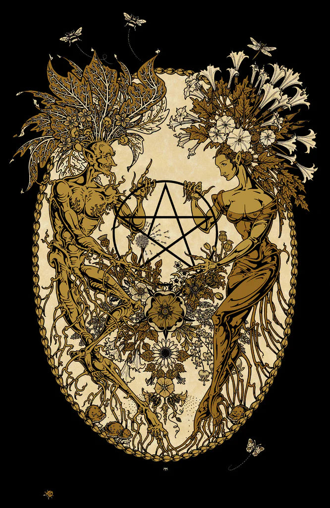Decorative design with two figures, a pentagram, and floral elements on a black background.